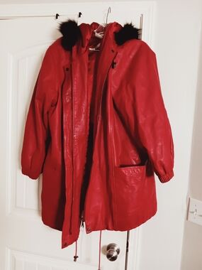 VTG Excelled Red Leather Hooded Parka Jacket Coat Faux Fur Trim  2XL
